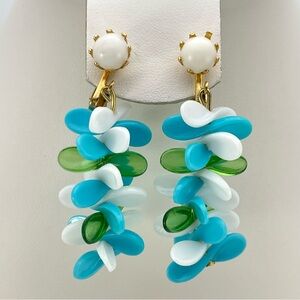 Vintage Inspired Hong Kong Clip-On Earrings Retro Mod Blue Green White Dangle